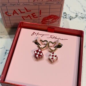 Betsey Johnson Red & White Dice Huggie Heart Drop Earrings